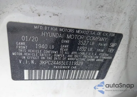 2020 Hyundai Accent Se z USA, uszkodzony, nr VIN 3KPC24A65LE119529